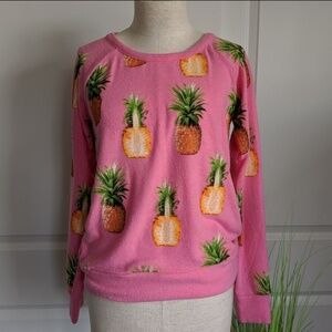 Chaser Fleece Pullover Pineapple Print Lightweight Long Sleeve Crew Pink S NWT